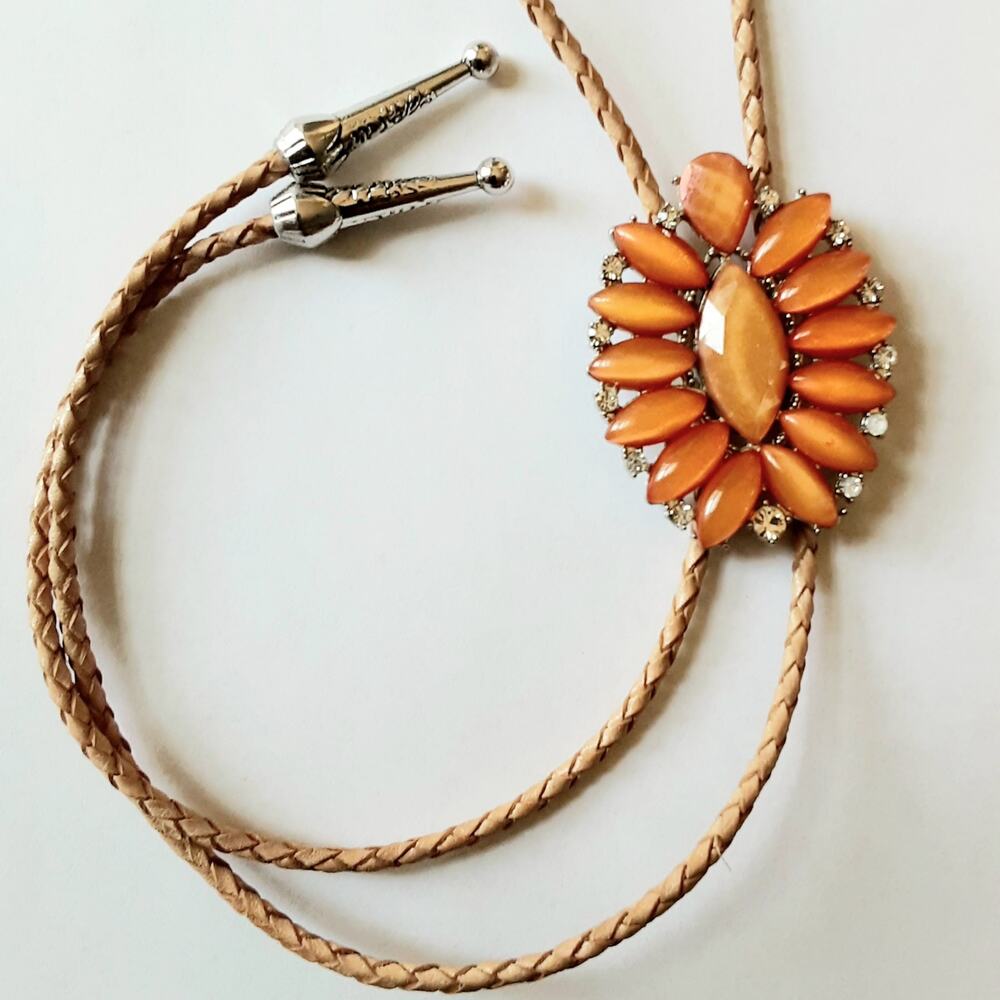 💎Handmade Coral Orange Flower Bolo Tie Rhinestone Tan Braided Cord